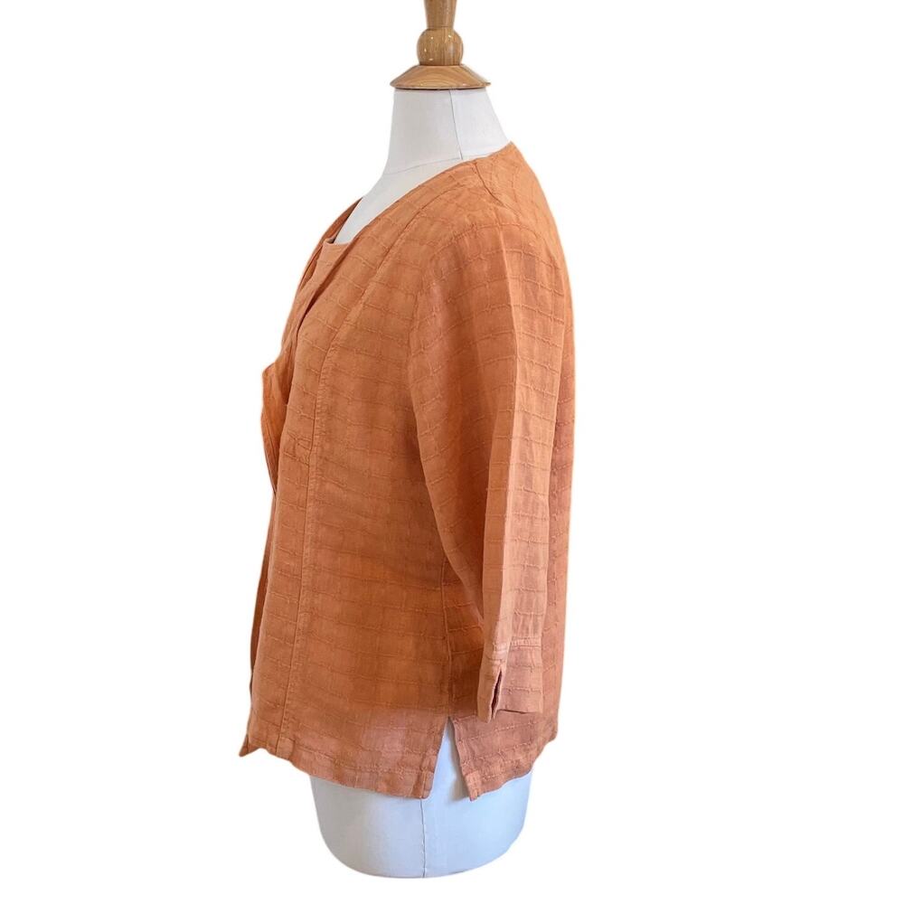 Mosaic USA Peach / Light Orange Tie Front 3/4 Sleeve Linen Blouse, Size S - Picture 4 of 11